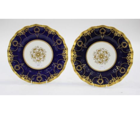 Two blue and gilt Royal Crown Derby plates with crimped edge, diameter approx 28cm 