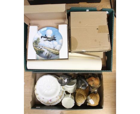 A collection of collectors plates, including air force related interest, Royal Crown Derby tea wares, Bird figures, etc (two 