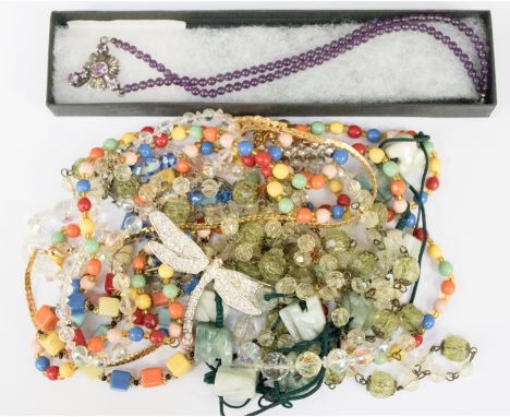 A quantity of assorted vintage costume jewellery, to include hardstone bead necklace, and an amethyst and silver bead necklac