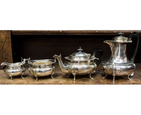 A George V silver four piece tea & coffee service, plain Georgian style with gadroon rim, each body engraved with initials, o