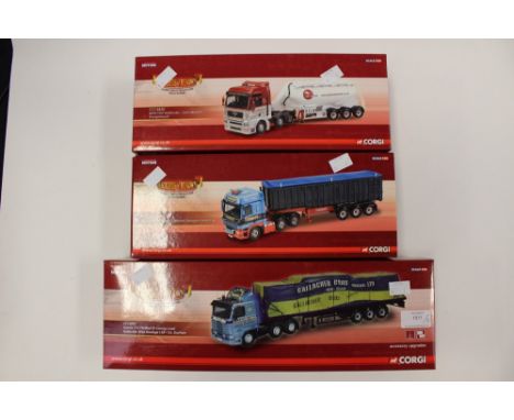Corgi Hauliers of Renown boxed CC14807 Gallacher Scania Flatbed, CC13619 Tennant DAF tipper and CC13430 John Mitchell MAN Fel