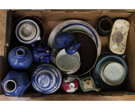 A collection of Chinese ceramics to include a headrest, plates, bowls, vases and a ginger jar etc (1 box)