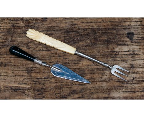 A silver and bloodstone trowel, bookmark, Crisford and Norris and an ivory handled pickle fork (2)