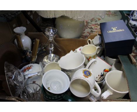 A pair of Staffordshire style dogs, together with a blue and white jar, a table lamp, a collection of Commemorative ware, a L