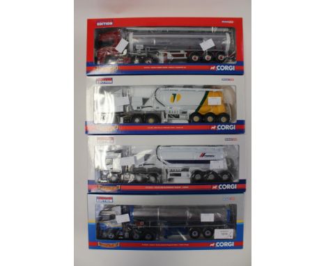 Corgi Hauliers of Renown boxed tankers, CC13712 Shirley's Scania, CC12224 Stiller Scania, CC13518 Cemex Volvo and CC13407 Tar