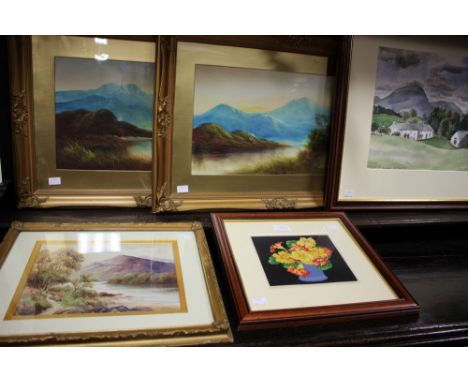 Two watercolour paintings of lakes and mountains, together with a watercolour of Outgates, Near Hawkshead dated 1956, a water