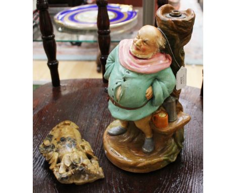 Bretby 1920/30s Art Pottery lamp base - Falstaff; together with a Chinese soapstone spill vase (2) 