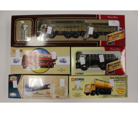 Corgi Classics boxed 24302 Double Diamond Leyland tanker, 97980 ESSO ERF tanker, CC10505 Ind Coope ERF flatbed, 11802 Bass Wo