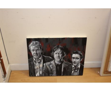 Zinsky (Contemporary British), signed, oil on canvas, portrait of the Top Gear team: Jeremy Clarkson, James May, Richard Hamm