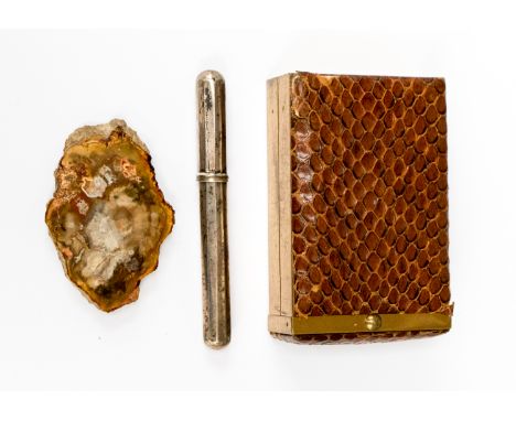A Maltese white metal tubular container, possibly for thermometer stamped mark, together with a snakeskin and brass cigarette