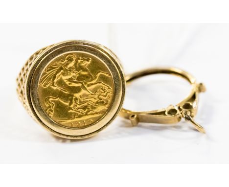 A 1910 Half Sovereign in 9ct gold ring mount, 10.1 grams, plus pendant mount, 1 gram approx 