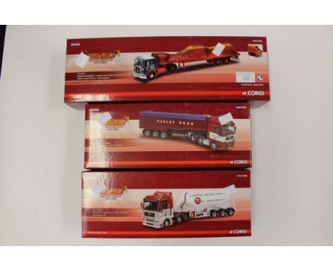 Corgi Hauliers of Renown boxed CC13430 John Mitchell MAN TGA Feldbinder, CC13432 Cawley Bros MAN TGA tipper and CC12515 Adam 