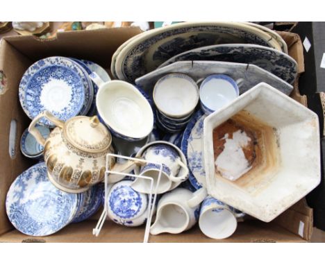 Blue and white ceramics to include, serving plates and tea wares (one box)