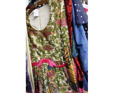 Assorted evening dresses to include blue/green chiffon 1980's with tiered sleeves, a red/black evening dress, lace and satin 