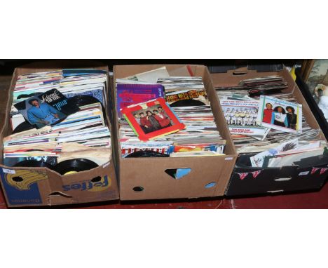 Three boxes of 7inch singles including Queen, Stevie Wonder, Michael Jackson, Phil Collins, Wham etc.