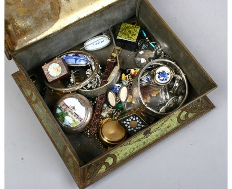 A vintage Henderson's biscuit tin containing costume jewellery, watches, collectables and small boxes etc.