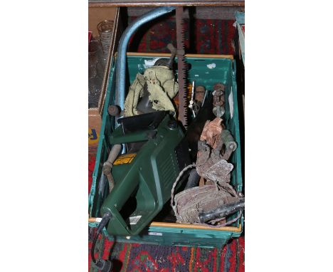 A box of hand and garden tools to include Black &amp; Decker chainsaw.