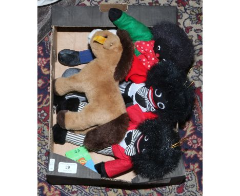 A Steiff horse with button in ear, along with three Robertsons soft toys.