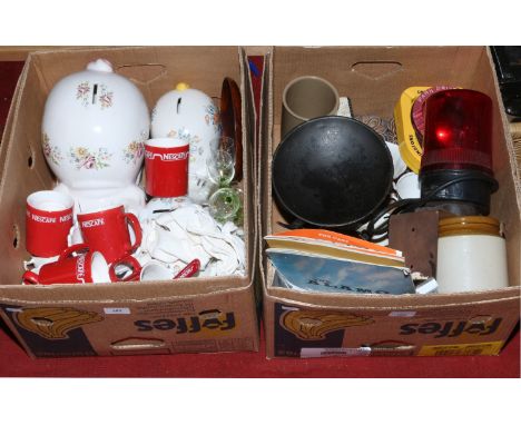 Two boxes of miscellaneous to include cake slice with silver handle, large ceramic penny banks, Minton, pair of kitchen scale