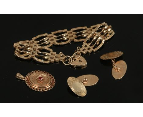 A collection of 9ct gold jewellery to include gate bracelet, ruby stud pendant and a pair of cufflinks, 16.37 grams.