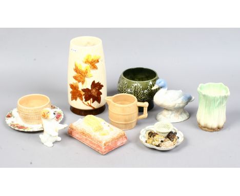A group of mixed ceramics to include Sylvac, Goldscheider, Wade whimsies, Royal Crown Derby etc.