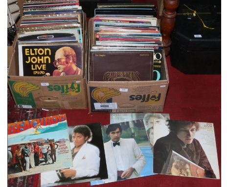 Two boxes of L.P records to include Michael Jackson, Bob Dylan, Jimi Hendrix, The Beach Boys, Hollies, Simon &amp; Garfunkel 