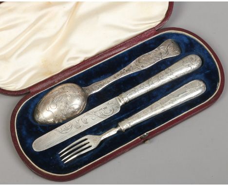 A Victorian cased silver christening cutlery set comprising knife, fork and spoon, assayed Sheffield 1845.