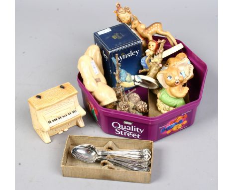 A quantity of collectables including a Border Fine Arts model of a blue tit, Hummel and Pendelfin (damaged) silver plated tea