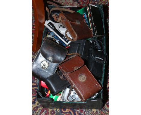 A box of photographic equipment including Kodak, Polaroid, Fujifilm, Olympus etc.