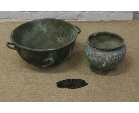 A Victorian copper twin handled vessel, along with a Chinese cloisonne planter and a cast iron L.M.S railway builders plate (