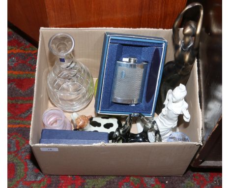 A box of miscellaneous including a boxed silver plated hip flask, Coalport figurine, Gleneagles lead crystal, art glass etc.