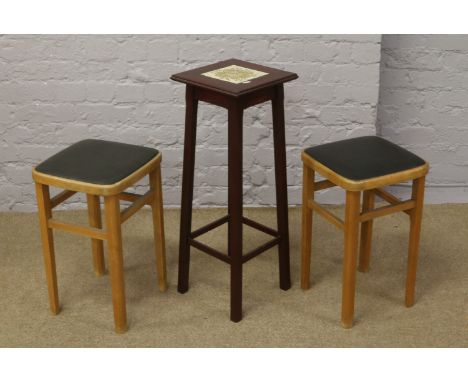 A pair of 1980's retro leatherette top stools, along with a tile top plantstand.