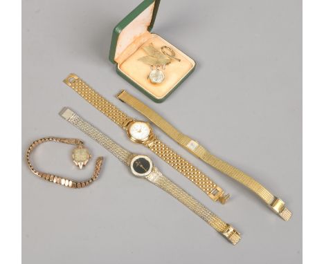 A ladies 9ct gold cased Elco manual watch on gold plated expanding bracelet, a gold plate Avia bracelet watch, Camy gilt meta