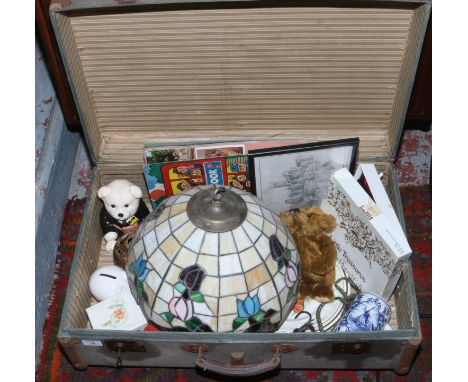 A wood bound travel trunk and contents of miscellaneous to include a Bearly There Company Mohair bear, Royal Doulton Bunnykin