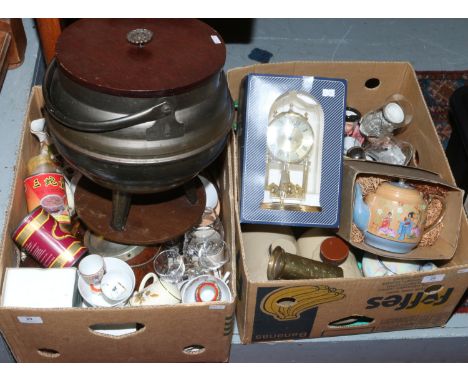 Two boxes of miscellaneous including Wade, Ringtons, character jugs, glasswares, boxed torsion clock, bone china teawares, ba