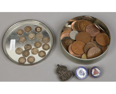 A collection of mainly British pre-decimal coins including 16 silver three pence coins, also including 3rd Reich coins, ARP b