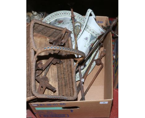 A box of miscellaneous to include Carona ware jug and bowl, cast iron companion set, vintage clip on ice skates etc.