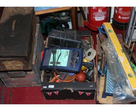 Three tool chests and a box of hand tools.