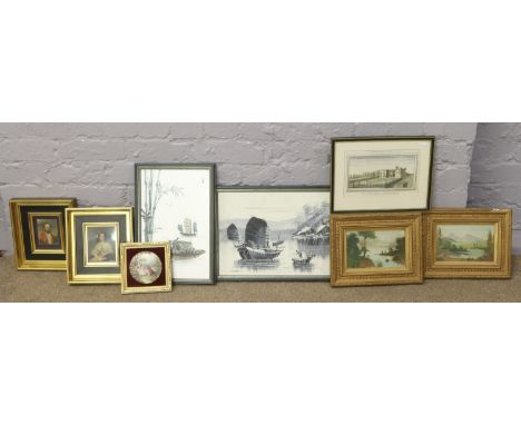 A collection of paintings and prints to include two gilt framed oils on board, two gilt framed portrait prints, print of Bels