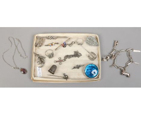 A tray of assorted old silver jewellery including enamel bar brooches, marcasites, charm bracelet and blue john pendant etc.