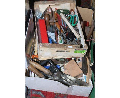 Two boxes of hand tools including saw, drivers, wooden mallet, drill bits etc.