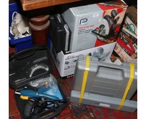 A collection of power tools to include hammer drill and parts, Redeye 190mm circular saw with laser, narrow electric file etc