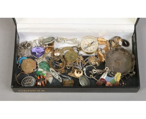 A box of costume jewellery and collectables to include 9ct gold and silver ring, enamel badges, silver necklaces etc.