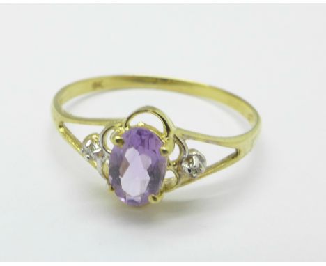 A 9ct gold, amethyst and diamond ring, 0.9g, O