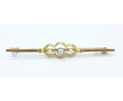 A 9ct gold brooch with opal and seed pearls, boxed, 1.7g