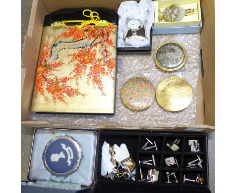 A photograph album, cufflinks, a clock marked Imperial College London and compacts including Stratton, Wedgwood, etc.