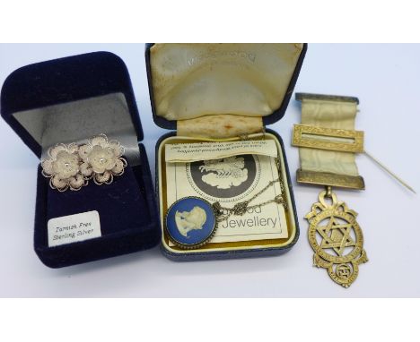 A pair of sterling silver earrings, boxed, a silver Wedgwood pendant, boxed and a silver Masonic medal