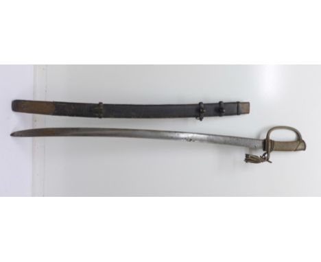 A Russian sword or sabre with scabbard, numbered 0620 and also marked 1915 with Cyrillic lettering, length of blade 80cm