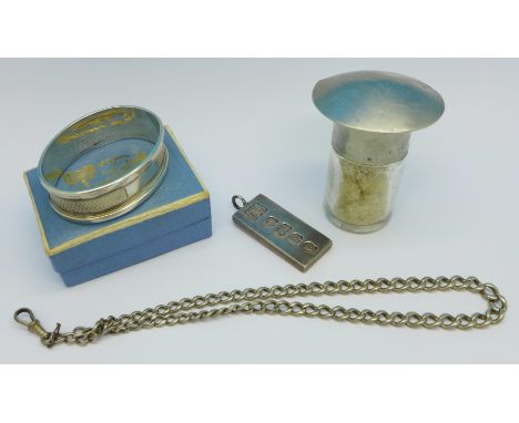 A silver watch chain with metal hook, lacking T-bar, a silver ingot, a silver napkin ring, boxed and a white metal topped sal