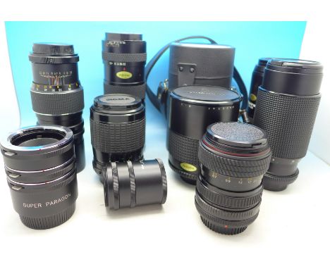 A collection of nine film camera lenses comprising;- Hanimex Macro auto zoom f=80-200mm 1:4.5 052 M42 screw fit; Tokina SD zo